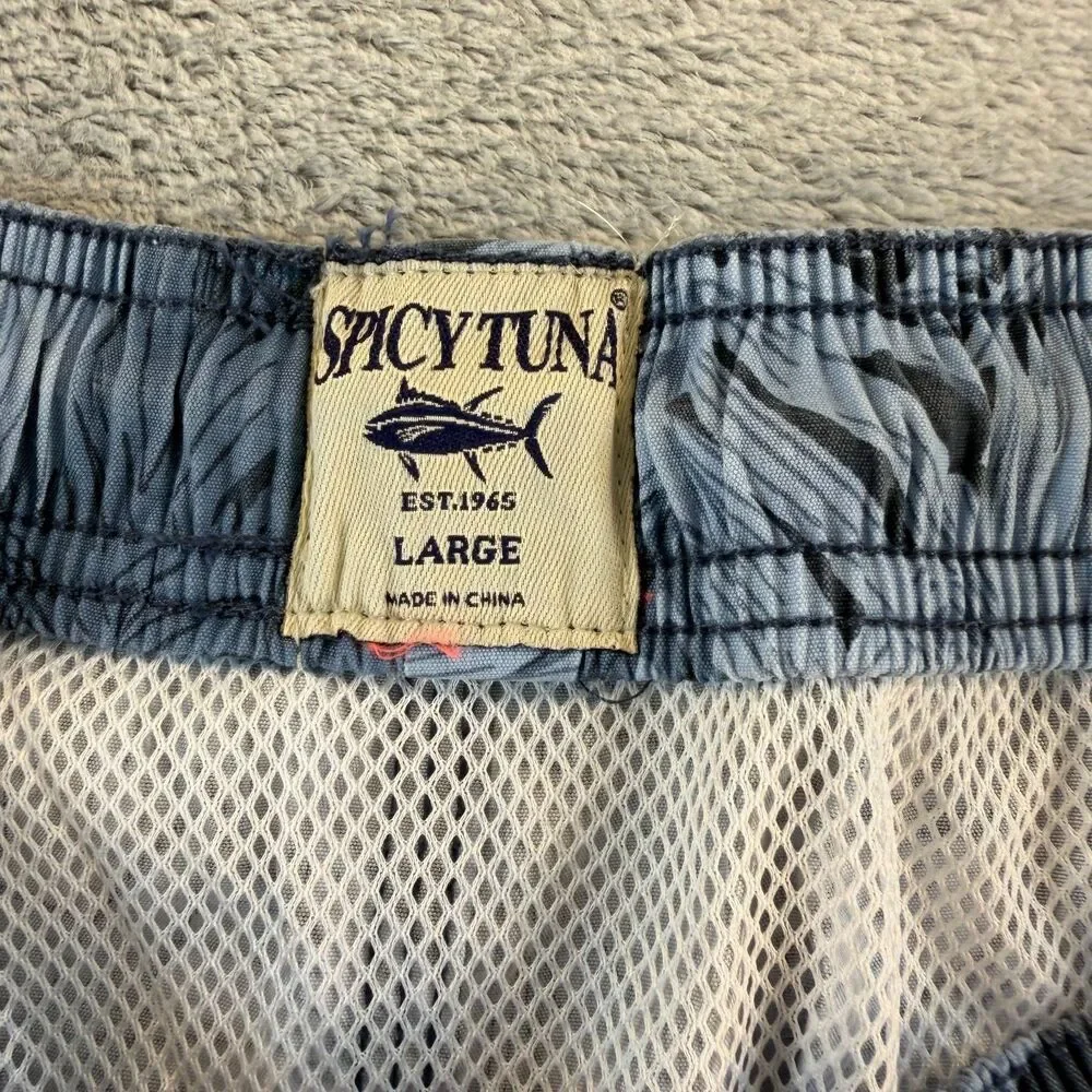 Spicy Tuna Swim Trunks Men's L Navy Gray Palm Print Board Shorts NWT Drawstring
